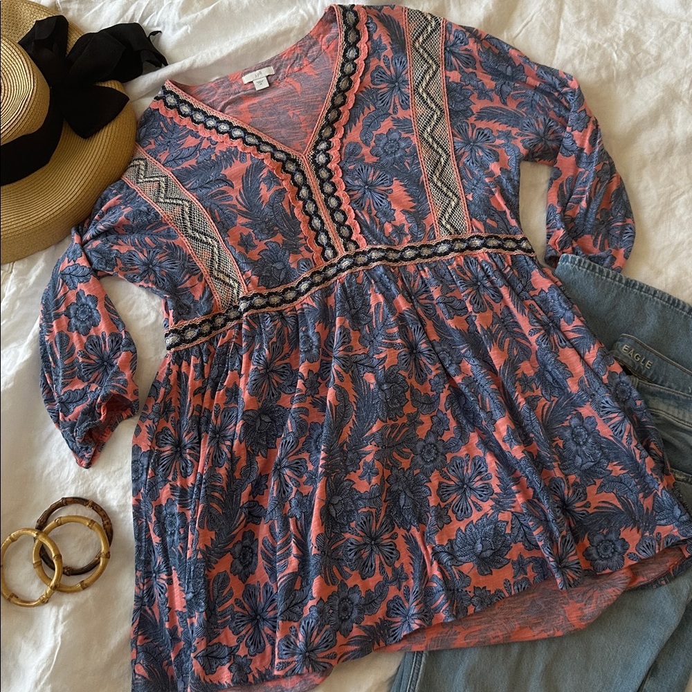 🌸 J. Jill Floral Embroidered Cotton Blend Tunic Top Boho Blouse Size M